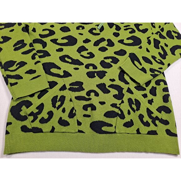 Women's Large Sweater Lime Green/Black Leopard Print Quarter Zip Neckline - Picture 8 of 11
